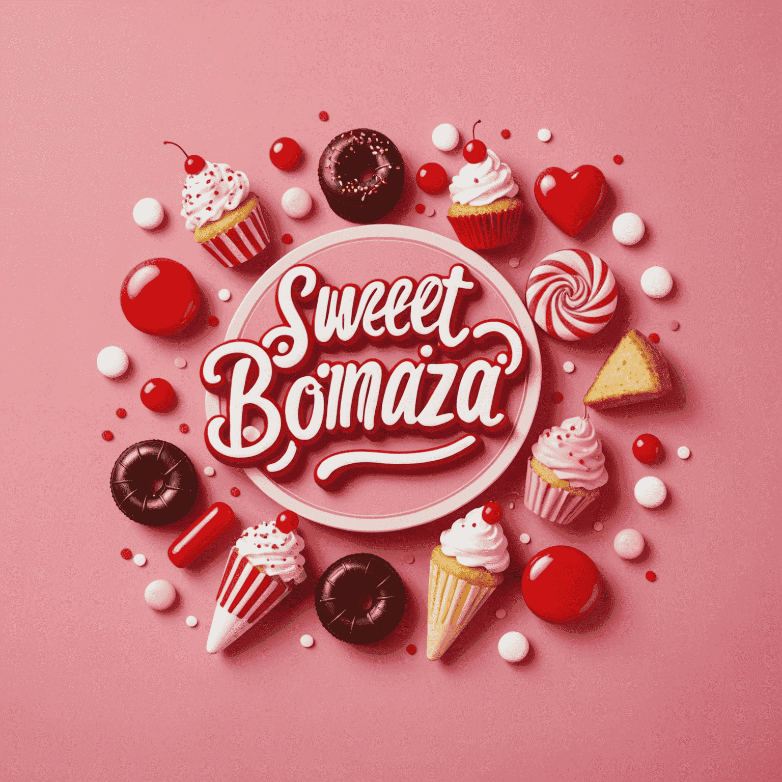 Sweet Bonanza logosu - Pembe arka planda kırmızı şekerlemeler ve pasta şekilleri