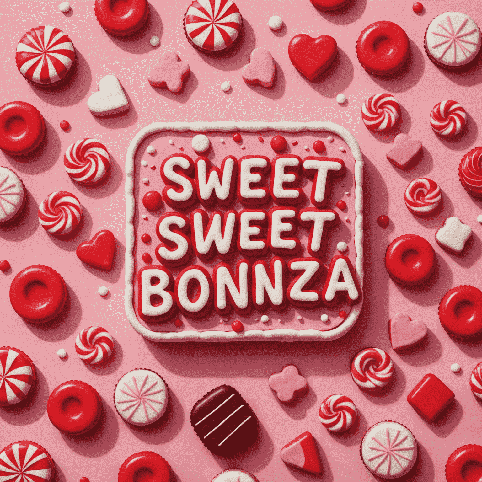 Sweet Bonanza logosu - Pembe arka planda kırmızı şekerlemeler ve pasta şekilleri