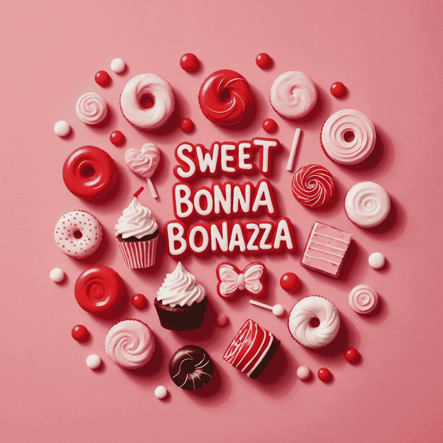 Sweet Bonanza logosu - Pembe arka planda kırmızı şekerlemeler ve pasta şekilleri