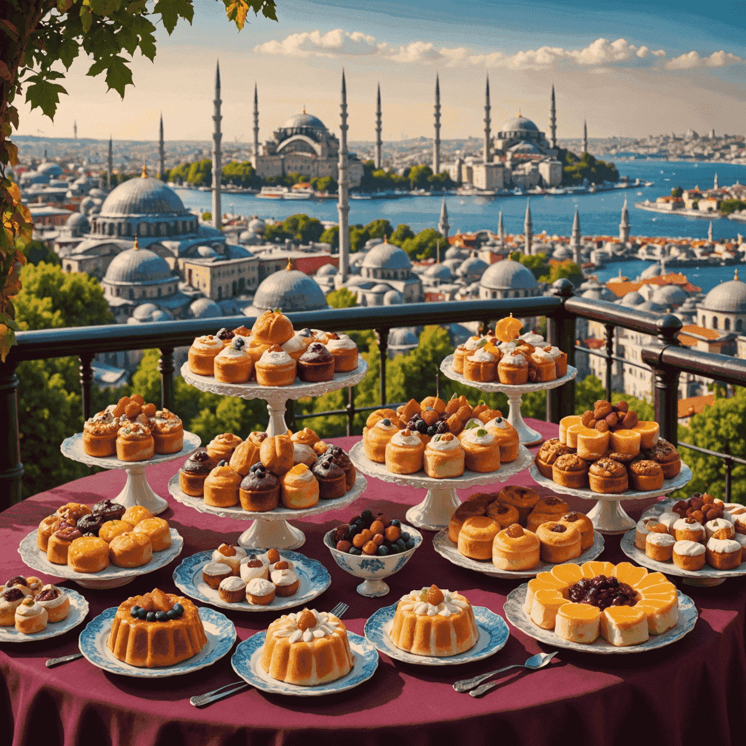 Renkli Türk tatlıları ve pastalar ile dolu bir masa, arka planda geleneksel İstanbul manzarası