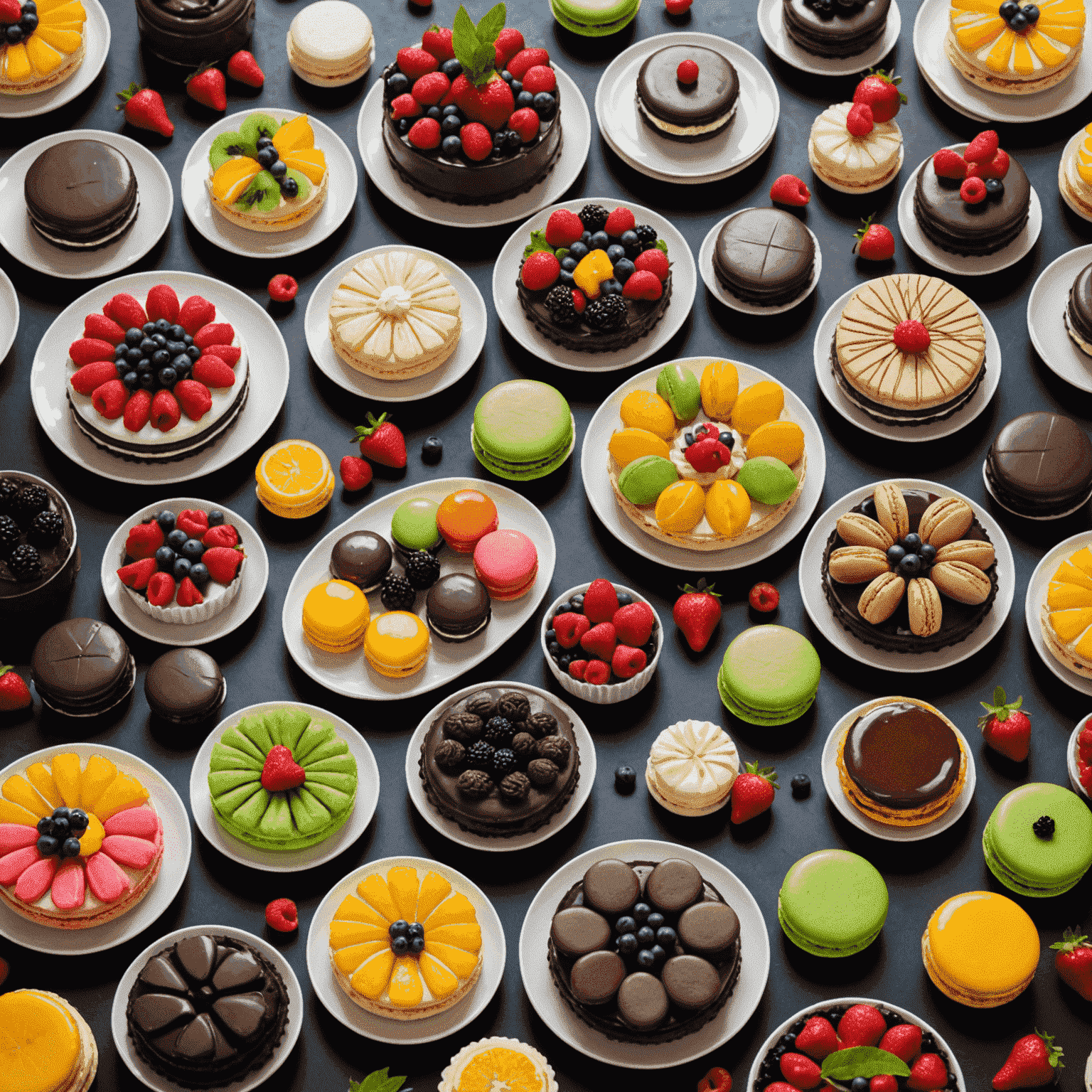 Çeşitli renkli ve yaratıcı tatlıların sergilendiği bir masa. Macaronlar, çikolatalı pastalar, meyve tartları ve egzotik garnitürler görülüyor.
