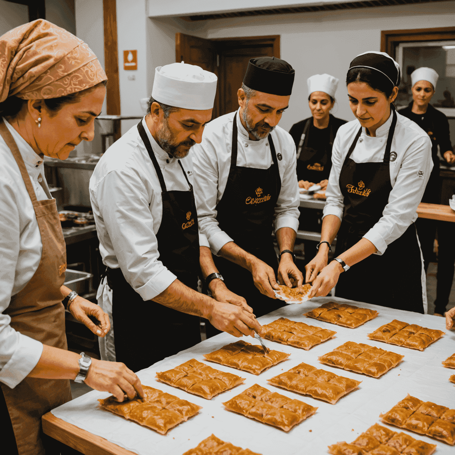 Türk Baklavası yapım atölyesi: Geleneksel baklava yapımını öğrenen katılımcılar, ince yufkaları hazırlarken