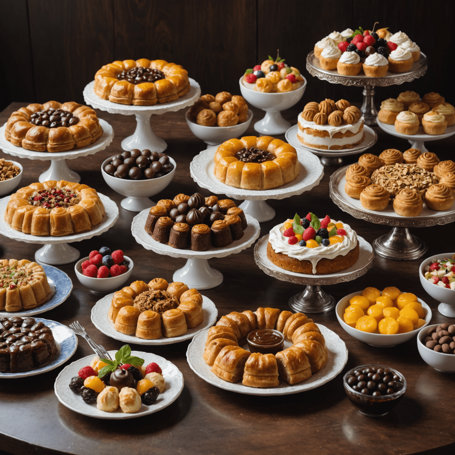 Çeşitli renkli ve lezzetli tatlıların sergilendiği bir masa. Baklava, künefe, profiterol ve çikolatalı sufle gibi Türk ve dünya tatlıları yer alıyor. Masanın üzerinde 'Tatlı Bonanza' yazılı bir tabela bulunuyor.