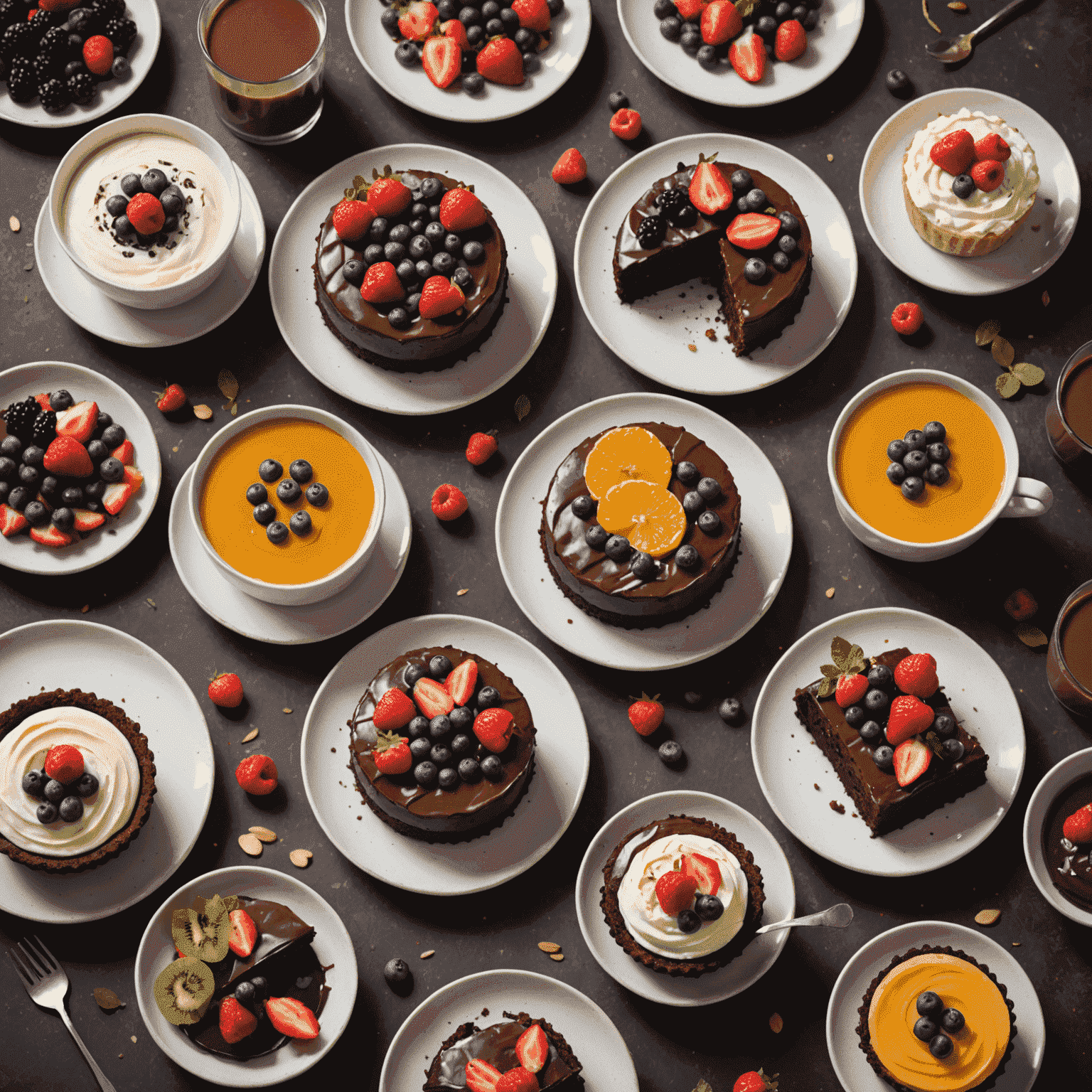 Çeşitli vegan ve glutensiz tatlıların sunumu: çikolatalı kek, meyve tartı ve badem sütlü puding