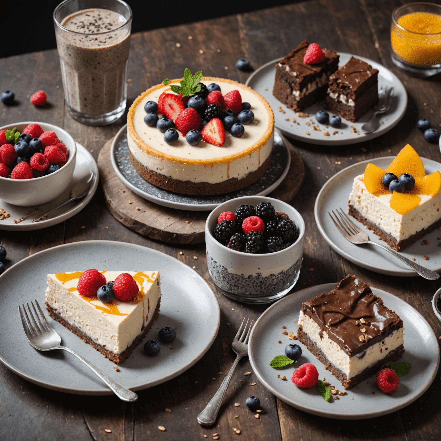 Sağlıklı malzemelerle yapılmış çeşitli tatlılar. Meyve bazlı cheesecake, chia puding ve glutensiz brownie'ler görülüyor.