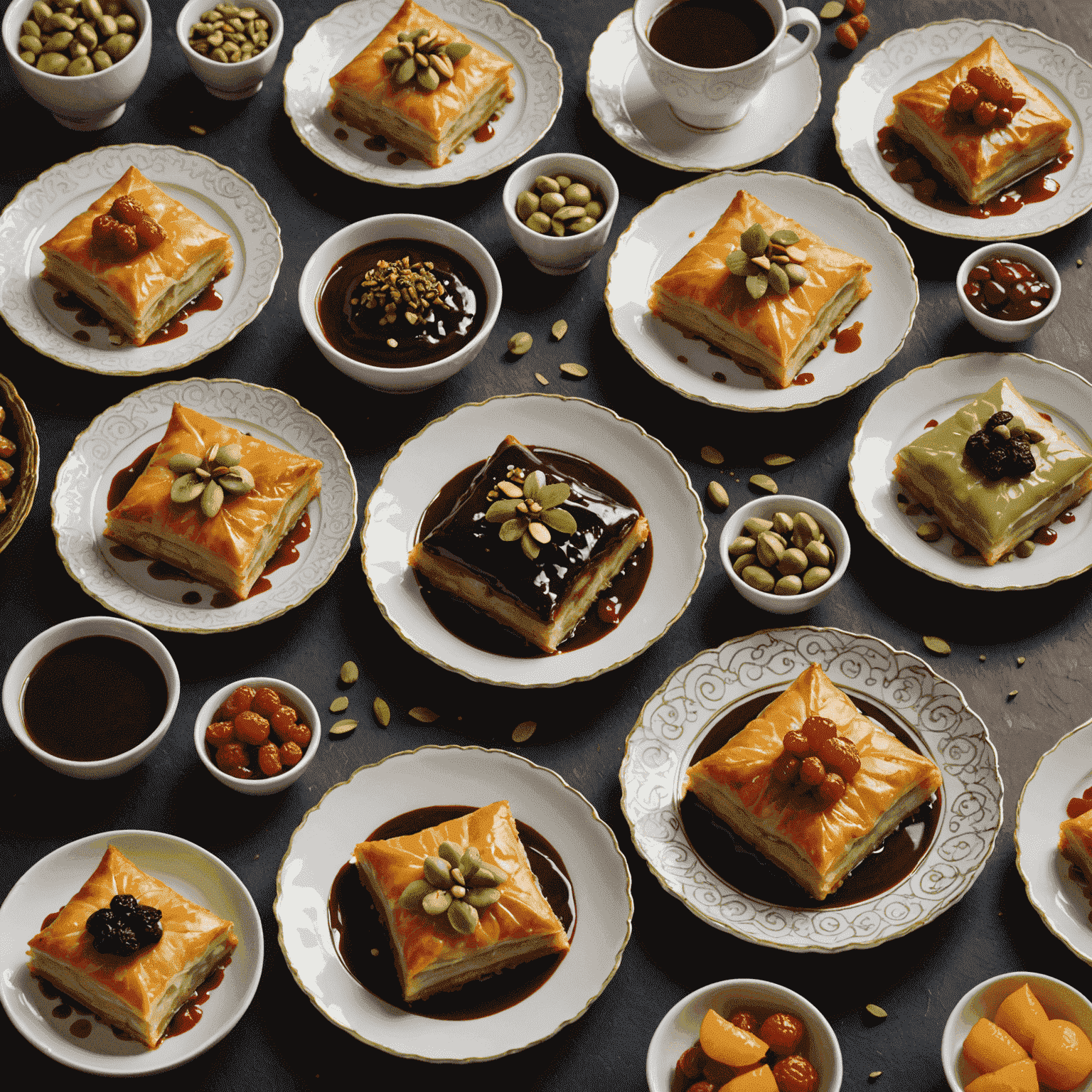 Modern sunumlu geleneksel Türk tatlıları: Çikolata soslu kazandibi, meyveli revani ve fıstıklı baklava çeşitleri