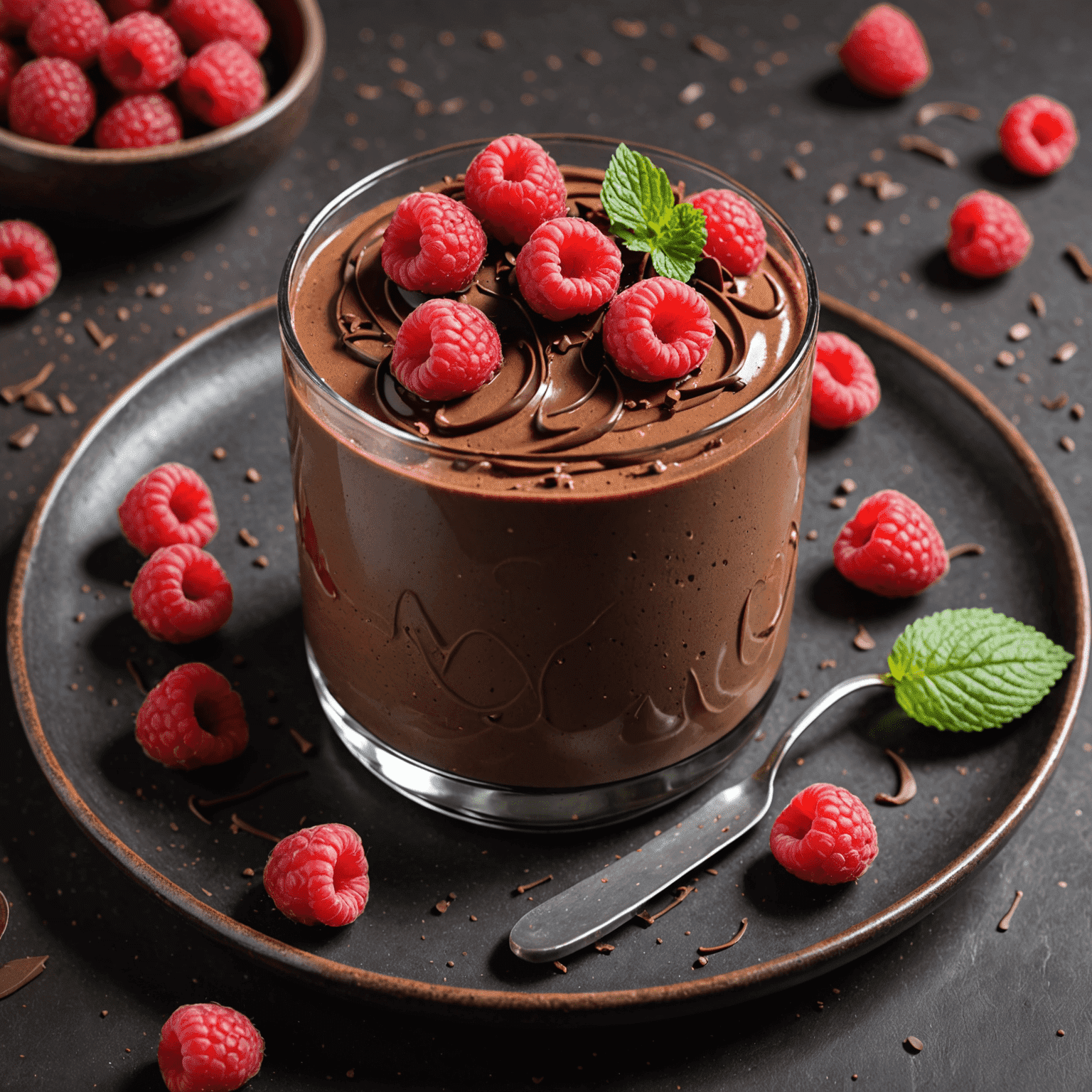 Vegan çikolatalı mousse, üzerinde taze ahududu ile süslenmiş