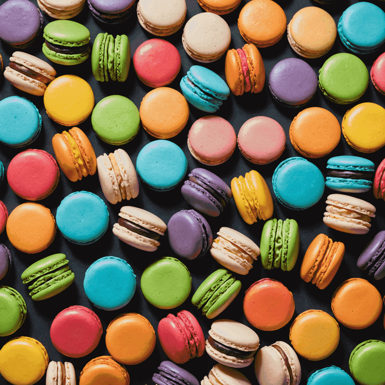 Renkli macaronların yakın çekimi. Çeşitli renklerde ve aromalarda macaronlar bir tabakta dizili.