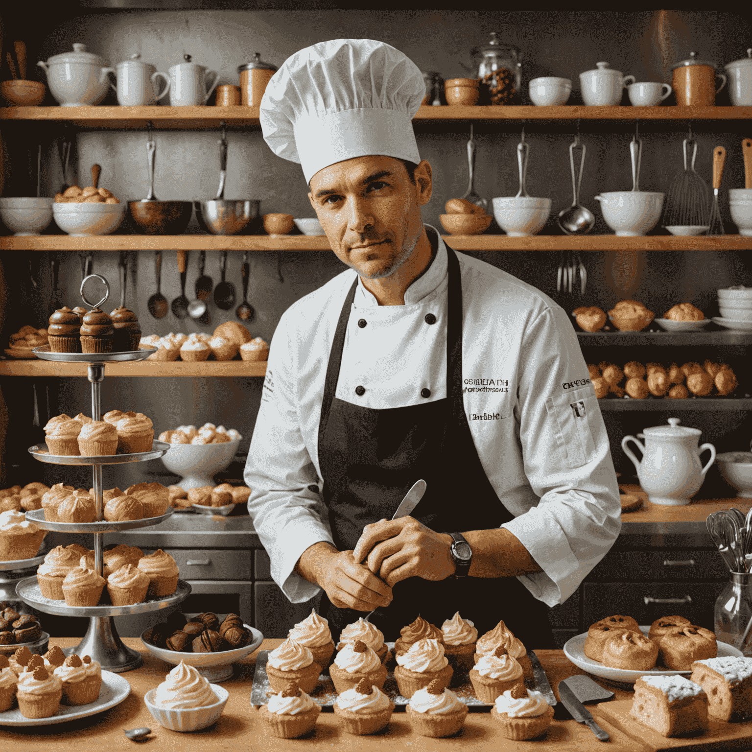 Ünlü bir şef pastacının mutfakta çalışırken çekilmiş portresi, etrafında lezzetli tatlılar ve pastacılık aletleri