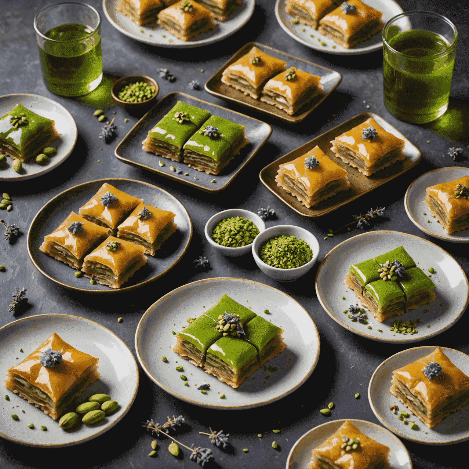 Modern yorumlanmış geleneksel Türk tatlıları. Matcha aromalı baklava, lavanta şerbetli kadayıf ve fıstık ezmeli lokum görülüyor.