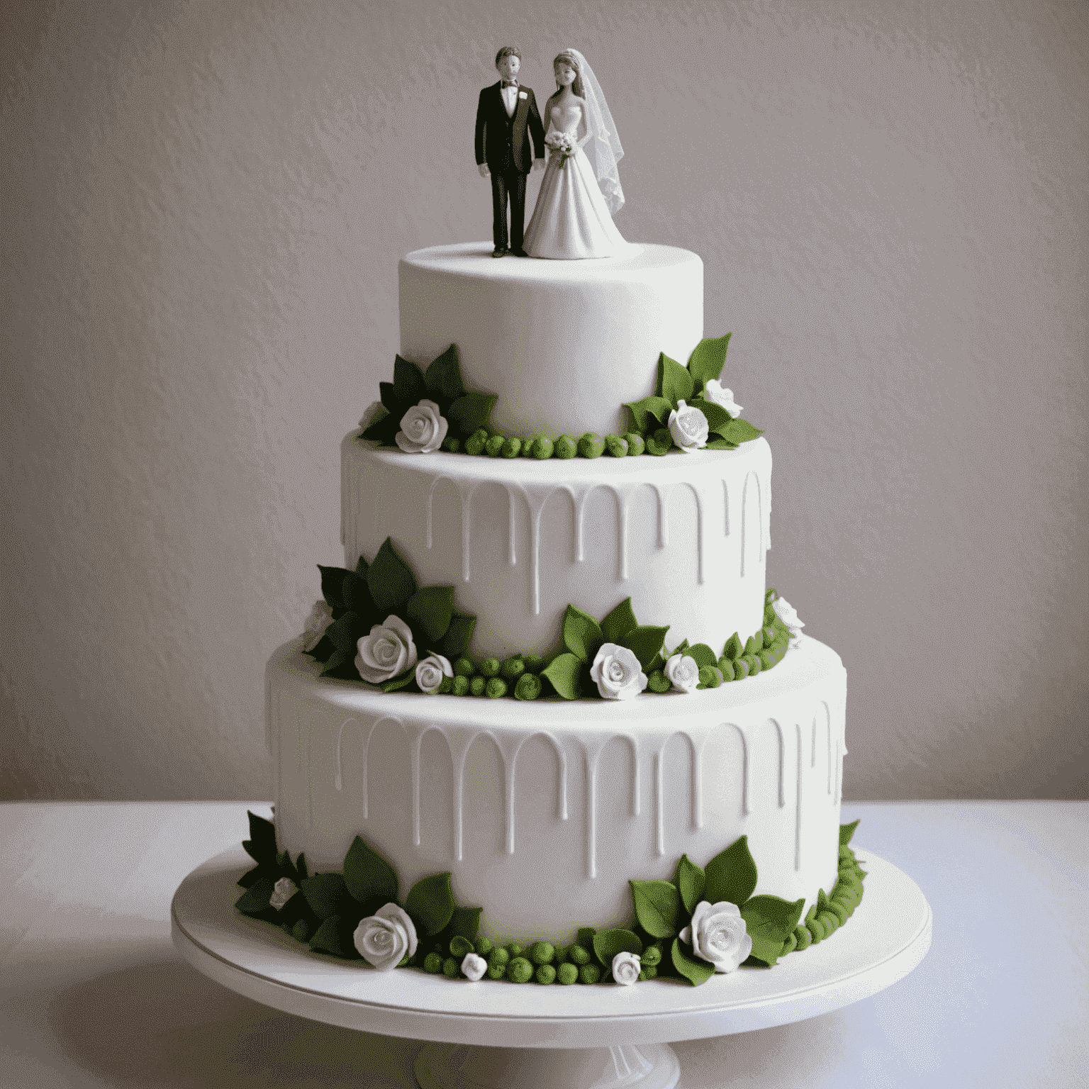 Fondant ile kaplanmış ve süslenmiş düğün pastası