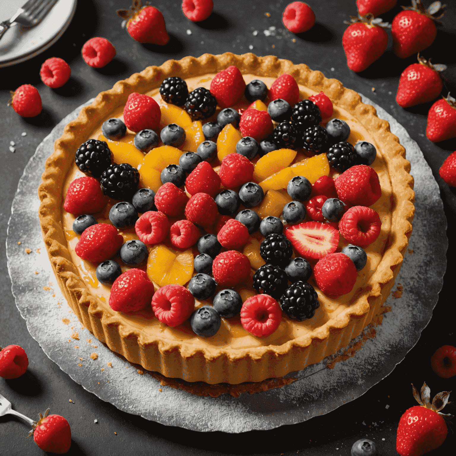 Taze meyvelerle süslenmiş nefis bir tart. Kırmızı meyveler ve pudra şekeriyle süslenmiş, altın rengi bir tart tabanı görünüyor.